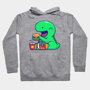 Cute Dinosaur Eating Burger, French Fries And Drink Cartoon Hoodie